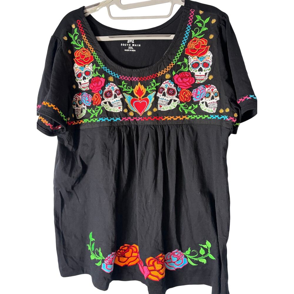 South Main Black Embroidered Sugar Skull Floral Folk Art Tunic Top XXL Festival